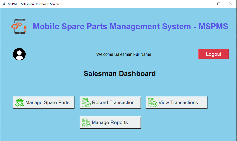 Mobile Spare Parts Management System Desktop App using Python Tkinter